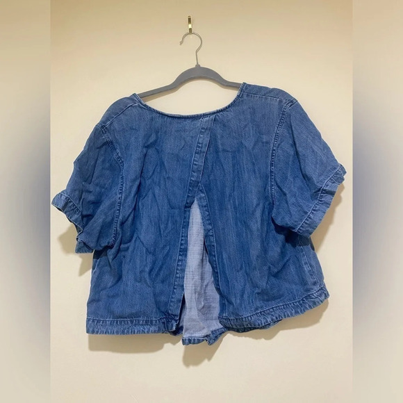Guess women’s  spilt neck short sleeve denim blue blouse with open back size L - Picture 12 of 14